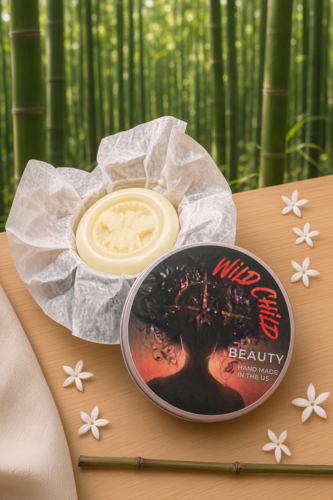 Wild Bloom lotion bar in tissue with the tin lid, bamboo forest behind